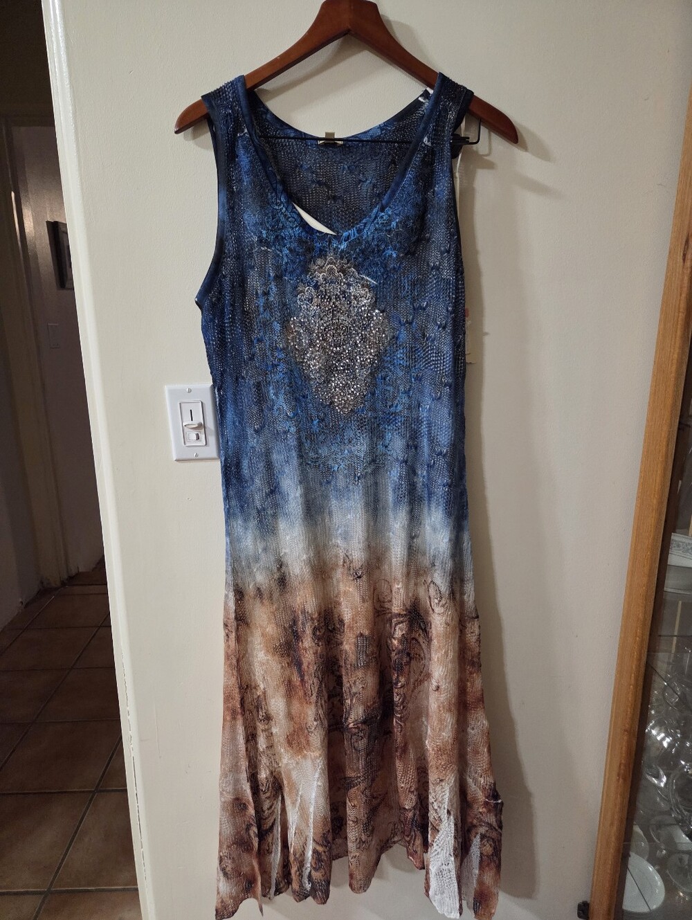 Reba Sleeveless Ombre Beaded Maxi Dress - Blue to Brown